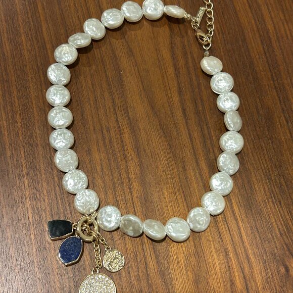 Coin Pearl Choker Necklace w mixed Charms, Faux Pearls & Gold Charms - Picture 2 of 4